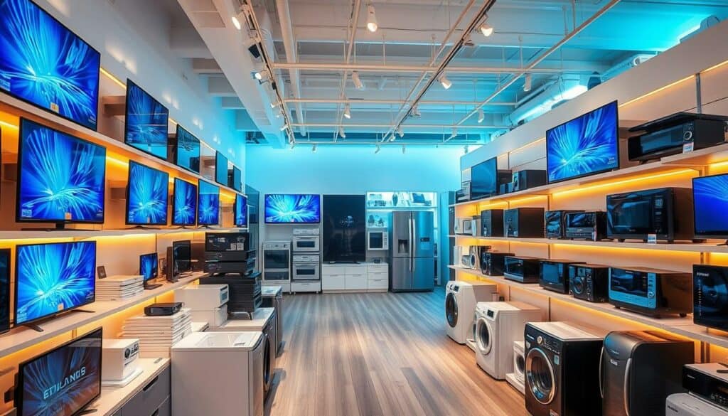 Elektroniksortiment TV-HiFi-Elektro: A vibrant display of cutting-edge consumer electronics in a modern, well-lit retail space. Neatly arranged shelves showcase an impressive array of sleek TVs, high-fidelity audio systems, and an array of small household appliances. Warm lighting and clean, minimalist design create a welcoming atmosphere, inviting customers to explore the latest technologies. The foreground features prominently displayed products, while the middle ground showcases larger items like refrigerators and washing machines. The background subtly suggests the scale and variety of the store's comprehensive electronics selection. An aesthetically pleasing, visually striking scene that captures the essence of a premier electronics retailer.