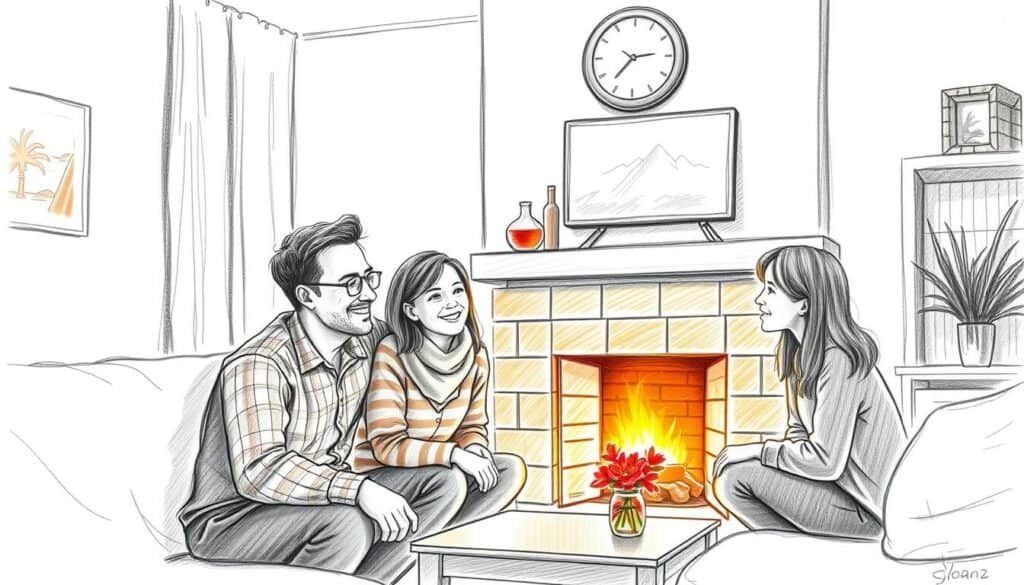 Kundenzufriedenheit in der Haustechnik: a cozy living room scene, with a family gathered around a warm fireplace, their expressions conveying a sense of contentment and trust. The room is illuminated by a soft, inviting glow, with a subtle color accent - perhaps a vase of flowers or a piece of artwork - adding a touch of vibrancy to the otherwise muted, pencil-sketch-like rendering. The scene evokes a feeling of comfort, security, and the reliable expertise of the home technology professionals who have made this peaceful atmosphere possible.