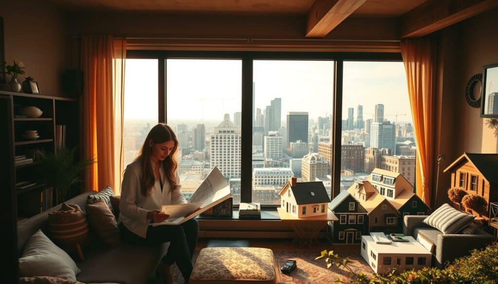 Prompt A cozy apartment nestled in a bustling city, bathed in warm, golden light filtering through large windows. In the foreground, a stylish couple examine architectural plans and property listings, carefully considering the features and location that would best suit their needs. The middle ground showcases a range of housing options, from sleek modern condos to charming historic townhouses, each with unique character. In the background, a cityscape unfolds, with skyscrapers and landmarks hinting at the vibrant community and opportunities that await the prospective homebuyers. The scene conveys a sense of contemplation, exploration, and the excitement of finding the perfect property.