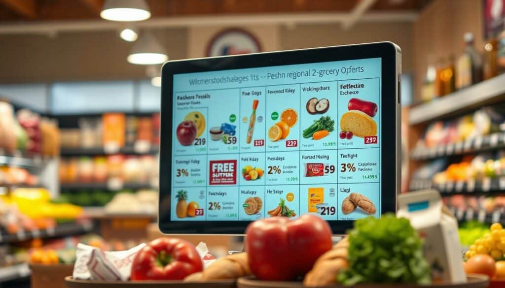 Wochenangebote E-Paper: A vibrant display of fresh, regional grocery offers. Set against a warm, inviting supermarket backdrop, the Wochenangebote E-Paper dominates the center of the frame, its sleek digital display showcasing the latest weekly deals and discounts. Soft, diffused lighting casts a cozy glow, drawing the viewer's eye to the enticing selection of products. In the foreground, a few carefully placed grocery items - perhaps a juicy apple, a carton of milk, or a fresh baguette - add a sense of tangibility and reinforce the focus on quality, locally-sourced goods. The overall composition conveys a welcoming, community-oriented atmosphere, inviting the viewer to explore the supermarket's offerings and take advantage of the current Wochenangebote.