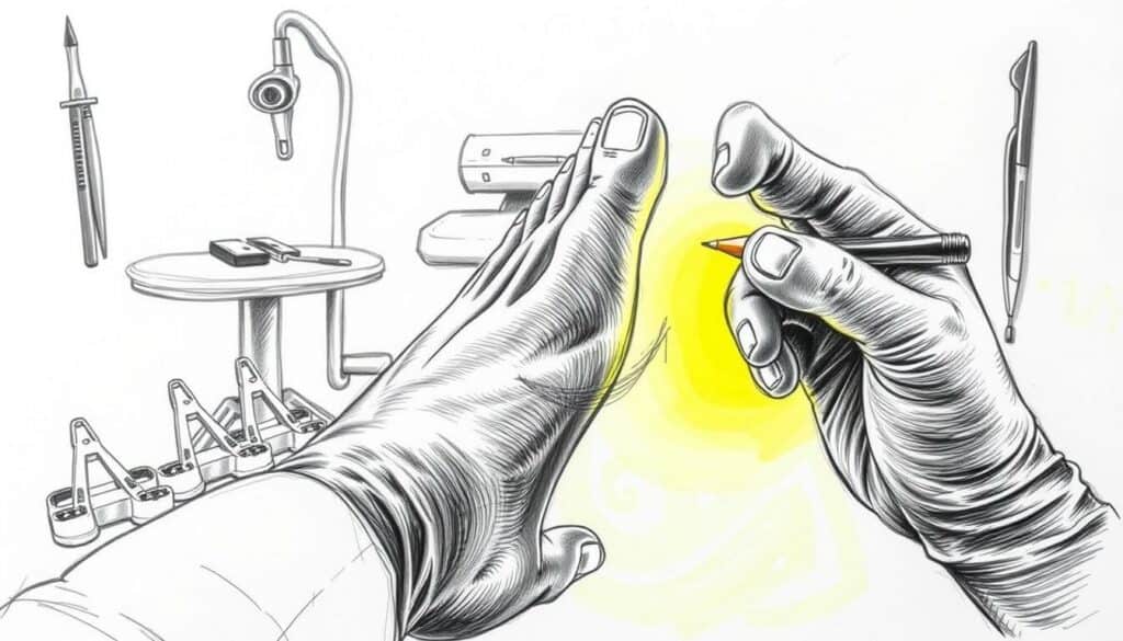 A black and white sketch of a podiatric treatment, with subtle colorful accents. In the foreground, a podiatrist's hands carefully examining a patient's foot, the focus on the intricate details. The middle ground reveals the podiatrist's tools - scalpels, files, and other specialized instruments, neatly arranged. In the background, a clean, sterile medical environment, with a treatment table and soothing lighting. The scene conveys a sense of professionalism, precision, and care, reflecting the specialized nature of the podiatric procedure.