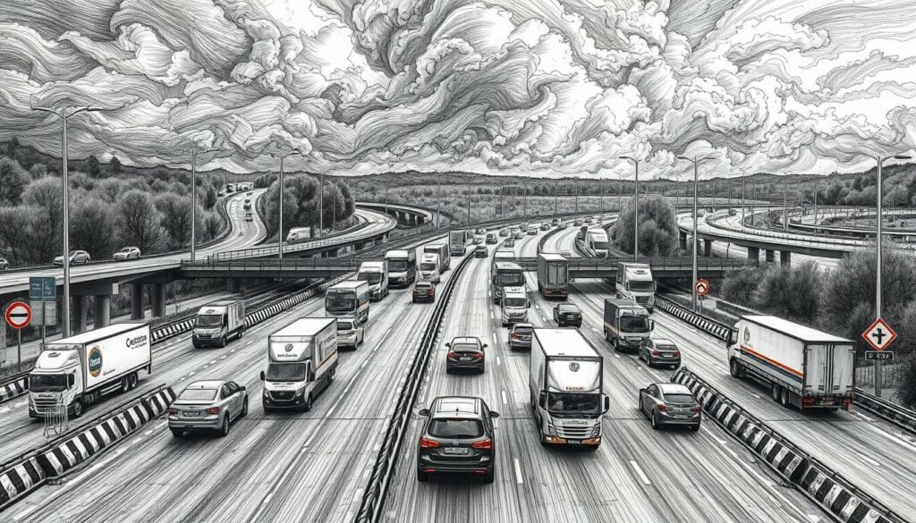 A bustling Autobahn scene with diversions, detours, and obstructions due to a powerful storm. In the foreground, cars and trucks navigate around barriers and signage, rendered in stark black-and-white with subtle splashes of color highlighting critical details. The middle ground depicts winding roads and interchanges, their complexities conveyed through intricate linework. In the background, ominous storm clouds loom, hinting at the disruptive weather to come. The overall atmosphere is one of tension and urgency, capturing the challenges faced by travelers during this turbulent period.