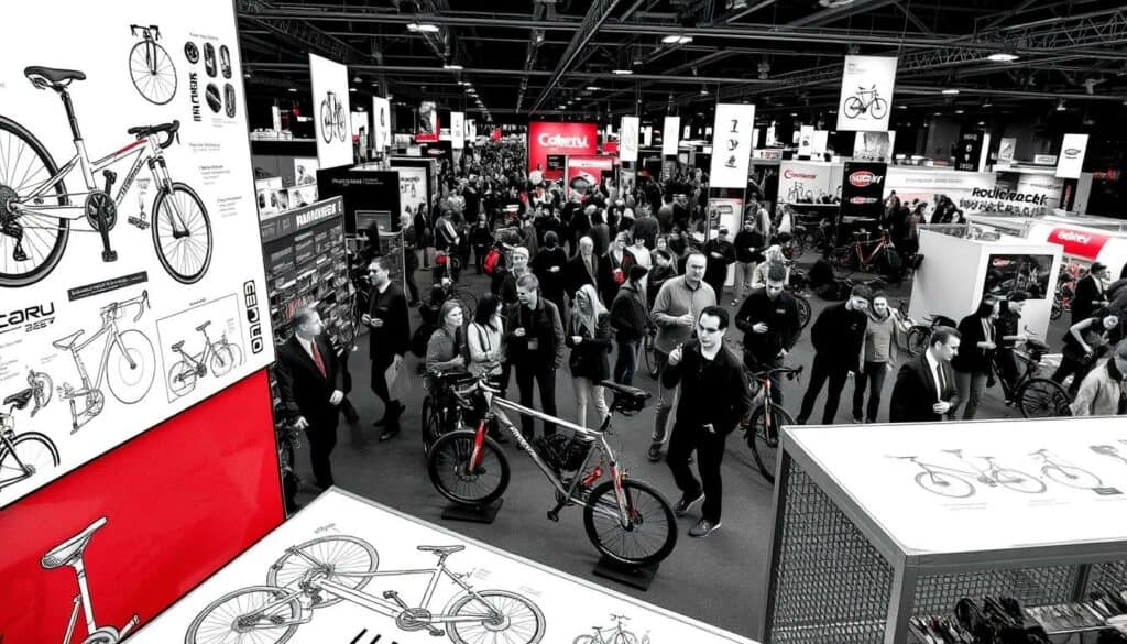 A bustling Bicycle Trade Fair, captured in a striking black and white sketch with vibrant pops of color. In the foreground, intricate diagrams of bicycle parts and accessories, meticulously rendered. The middle ground showcases a diverse array of bicycle models, their sleek designs highlighted by dramatic lighting and shadows. In the background, a crowd of enthusiastic attendees navigates the exhibition halls, their expressions and gestures conveying the energy and excitement of the event. The overall atmosphere is one of technical precision, innovative design, and the passion of the cycling community. The image seamlessly blends informative technical details with the dynamic atmosphere of the Fahrradmesse Essen 2026.