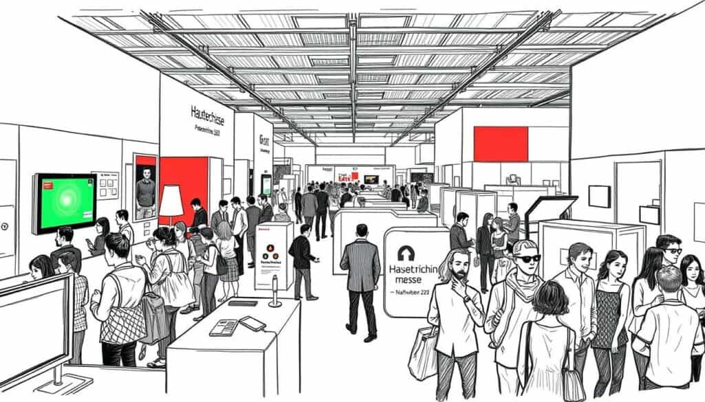 A bustling Haustechnikmesse in Nürnberg, 2026. The foreground showcases a diverse array of home automation and smart technology displays, with visitors eagerly engaging with the latest innovations. In the middle ground, professionals network and exchange ideas, their silhouettes animated against a backdrop of sleek, minimalist exhibition booths. The scene is bathed in a soft, neutral palette, with strategic pops of color highlighting key features - perhaps a vibrant green LED or a bold red accent wall. The overall atmosphere conveys a sense of pragmatic utility, reflecting the "Praktischer Nutzen für Messebesucher" theme. The image is rendered in a striking black-and-white sketch style, with subtle shading and textures, allowing the key details to take center stage.