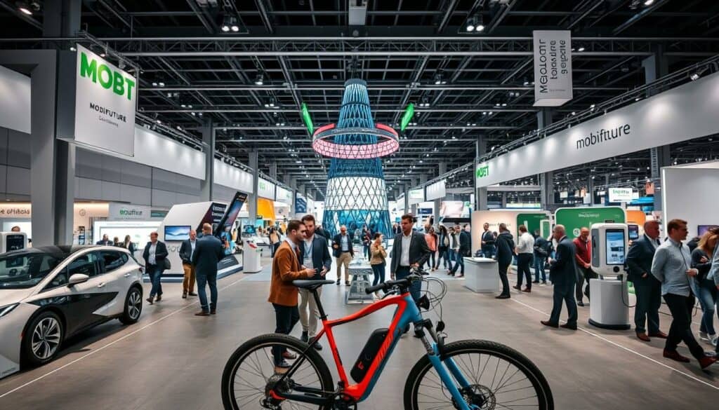 A bustling and vibrant exhibition hall, Mobifuture Ecomobility Messe Frankfurt showcases the latest advancements in sustainable mobility. Sleek electric vehicles, charging stations, and interactive displays line the well-lit aisles, creating a dynamic atmosphere of innovation. In the foreground, a group of attendees examines a cutting-edge e-bike, its clean lines and vibrant colors standing out against the monochromatic backdrop. Towering exhibition stands in the middle ground feature bold, angular designs, punctuated by strategic splashes of color that draw the eye. In the background, the expansive space is filled with a diverse array of exhibitors, their booths hinting at the breadth of the ecomobility industry. A sense of excitement and possibility permeates the scene, capturing the essence of "Mobifuture: Die neue Partnermesse für Ecomobility."