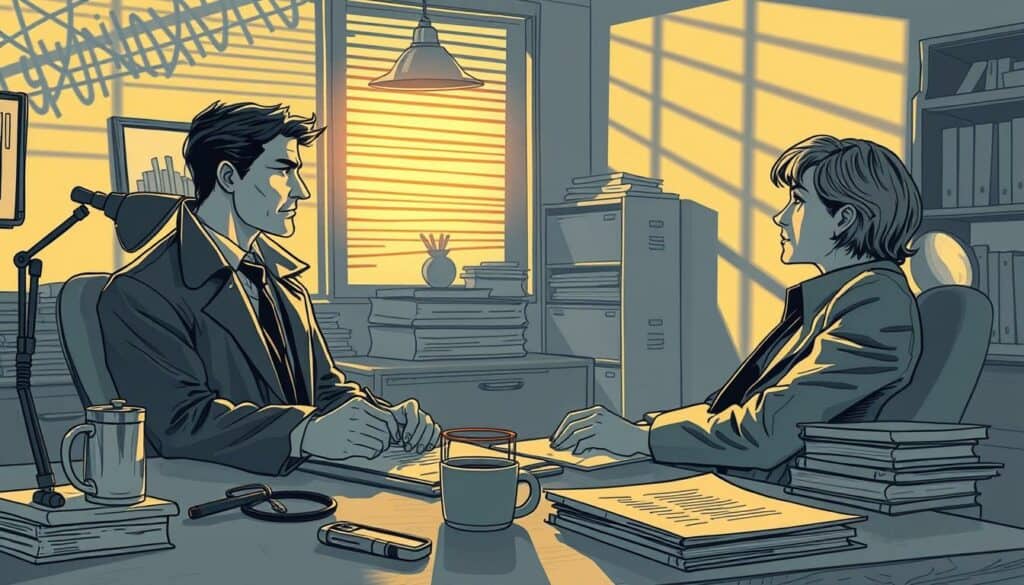 A bustling detective's office, dimly lit with a warm glow. On the desk, a magnifying glass, a cup of coffee, and a stack of files. Shadows from a nearby lamp create intriguing patterns on the walls. In the foreground, two people - a detective and a client - engaged in a serious discussion, their expressions intense, captured in precise, black-and-white linework. Pops of color highlight certain details, drawing the eye to the key elements of their collaboration. The atmosphere is one of professionalism, discretion, and the pursuit of justice.