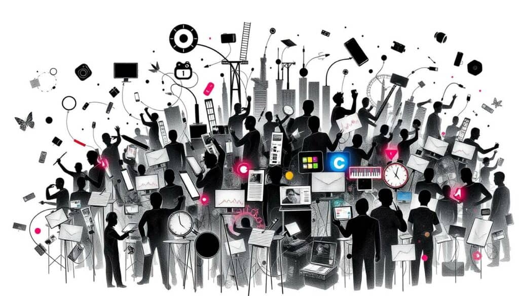 A bustling digital network, alive with innovation and collaboration. Sleek silhouettes of devices and tools intertwine, creating a dynamic composition. Geometric patterns and interlocking shapes suggest the interconnectedness of the digital landscape. Pops of vibrant color, like neon accents, punctuate the monochromatic scene, drawing the eye to the heart of the digital revolution. The image radiates an atmosphere of energy, progress, and the thrill of technological advancement. Captured in a graphite-esque style with strategic splashes of color, this image embodies the essence of the digital industry's drive to network, innovate, and push boundaries.