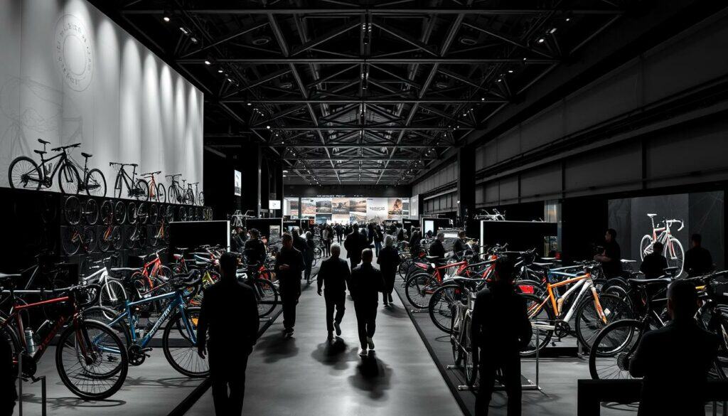 A bustling exhibition hall showcasing the latest innovations in the world of bicycles. Sleek, modern bicycle frames in a range of colors stand proudly on display, their intricate designs and gleaming finishes captured in a moody, black and white palette with subtle pops of color. Visitors meander through the space, their silhouettes adding a sense of movement and energy to the scene. Overhead, the architectural details of the hall create a striking geometric pattern, casting dramatic shadows across the floor. The lighting is soft and atmospheric, lending a sense of anticipation and excitement to the Fahrradmesse Spektrum Aussteller. This image encapsulates the cutting-edge technology and passionate enthusiasm that will define the Fahrrad Essen 2026 event.