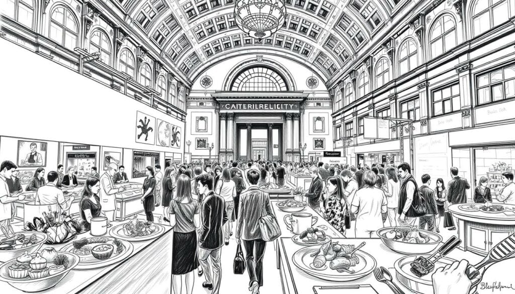A bustling food exhibition in Munich, with a vibrant mix of culinary delights and artistic flair. In the foreground, a showcase of mouthwatering dishes, artfully presented in a black and white palette, punctuated by pops of color. The middle ground features a lively crowd of attendees, their silhouettes captured in a dynamic, pencil-sketch-like style. In the background, the architectural details of the exhibition hall, its grand entrances and sweeping vistas, provide a striking, monochromatic backdrop, drawing the eye towards the captivating culinary centerpiece. The overall atmosphere is one of energy, creativity, and the celebration of the culinary arts.