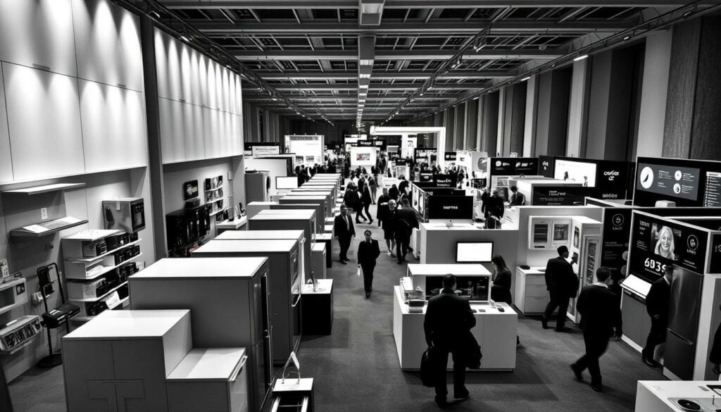 A bustling indoor exhibition hall, filled with innovative home technology displays. In the foreground, sleek modern appliances and fixtures in shades of grey and white, punctuated by occasional splashes of vibrant color. The middle ground showcases cutting-edge smart home systems, their digital interfaces and control panels rendered in crisp, precise lines. In the background, a panoramic view of the exhibition, with attendees moving between the various booths and displays, their silhouettes captured in a moody, atmospheric lighting. The overall scene conveys a sense of progress, innovation, and the future of home automation, all rendered in a striking black and white palette with selective color accents.