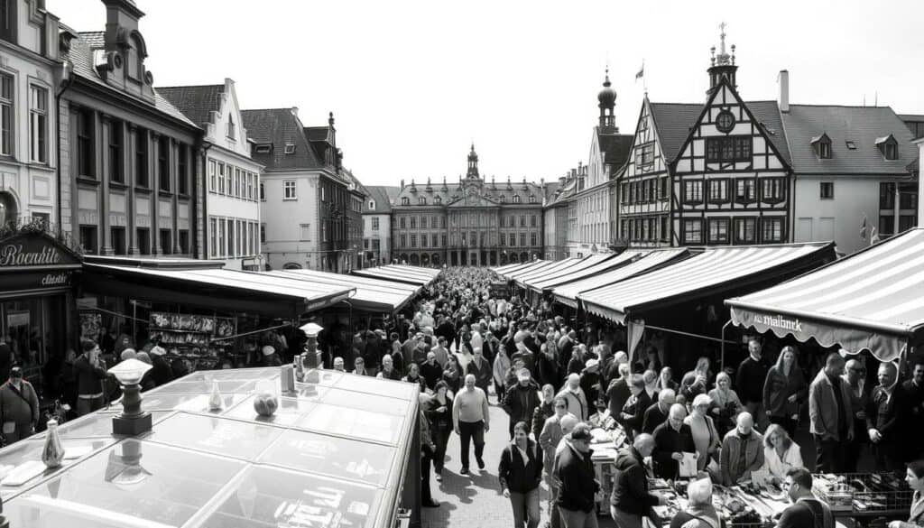 A bustling open-air market, the Maimarkt in Mannheim, comes alive with an array of vendors showcasing their diverse wares. In the foreground, stalls brimming with a kaleidoscope of products invite visitors to explore, from handcrafted trinkets to local produce. The middle ground reveals a vibrant sea of people, their faces alight with curiosity and excitement as they navigate the maze of attractions. In the background, the architectural splendor of the historic buildings provides a captivating backdrop, their monochromatic facades punctuated by pops of color from vibrant awnings and signage. The scene is rendered in a striking black-and-white palette, with selective bursts of color highlighting the energy and diversity of this immersive experience. A bustling open-air market, the Maimarkt in Mannheim, comes alive with an array of vendors showcasing their diverse wares. In the foreground, stalls brimming with a kaleidoscope of products invite visitors to explore, from handcrafted trinkets to local produce. The middle ground reveals a vibrant sea of people, their faces alight with curiosity and excitement as they navigate the maze of attractions. In the background, the architectural splendor of the historic buildings provides a captivating backdrop, their monochromatic facades punctuated by pops of color from vibrant awnings and signage. The scene is rendered in a striking black-and-white palette, with selective bursts of color highlighting the energy and diversity of this immersive experience.