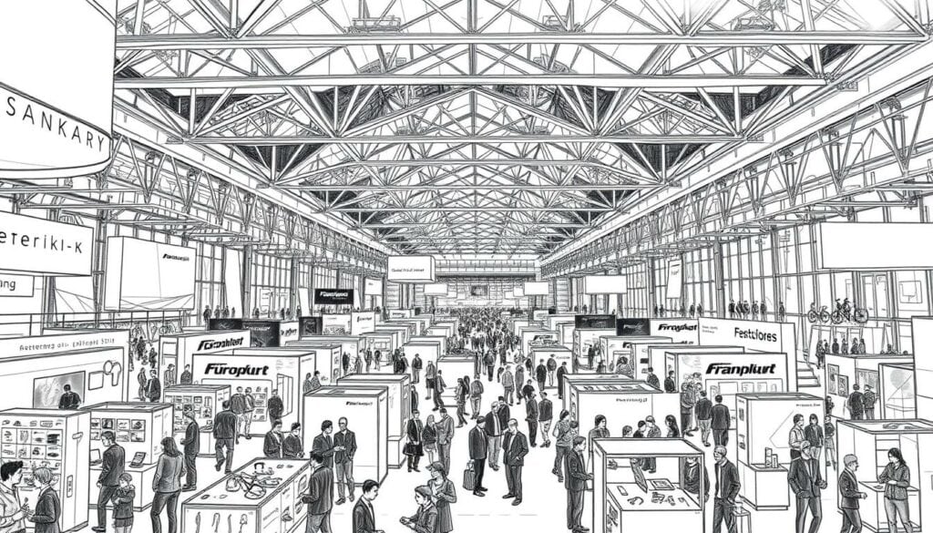 A bustling trade fair scene unfolds, showcasing the latest products and innovations from exhibitors and specialized retailers. In the foreground, colorful product displays and interactive booths draw the eye, rendered in a mix of stark black-and-white tones and subtle pops of strategic color. The middle ground features a network of aisles and walkways, bustling with attendees immersed in conversations and examinations of the wares. The background reveals the grand architecture of the Messe Frankfurt, its geometric shapes and structures providing a striking backdrop, all captured in a timeless, pencil-sketch aesthetic. The overall scene conveys the energy, dynamism, and changing landscape of the Eurobike Frankfurt trade fair, reflecting the "Veränderungen für Aussteller und Fachhandel" (Changes for Exhibitors and Specialized Retailers) section of the event.