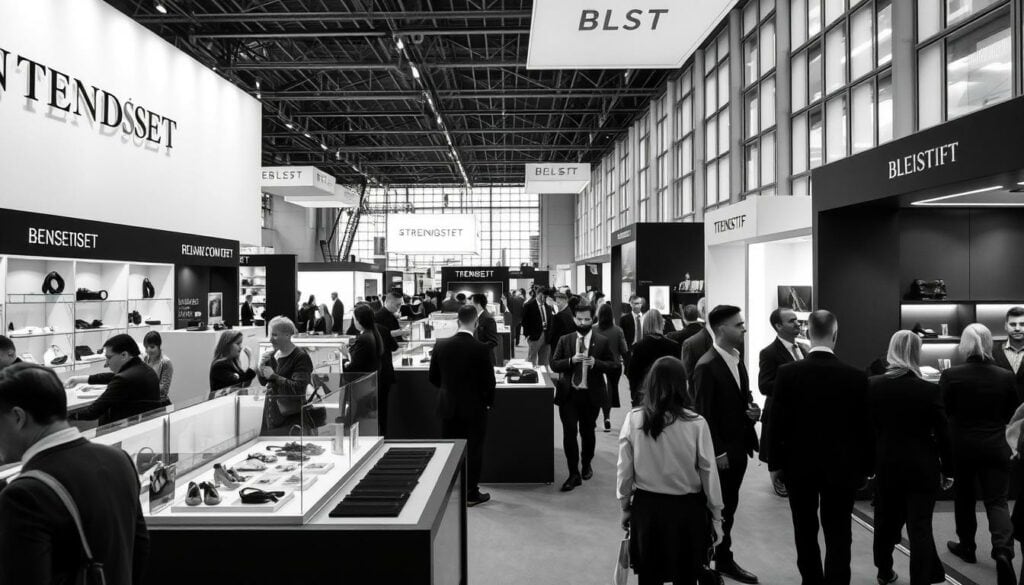 A bustling trade fair showcasing a diverse array of premium brands, the TrendSet Messebereich exudes a refined, elegant ambiance. Capture the scene with a monochrome palette, punctuated by strategic pops of color - a sophisticated, understated aesthetic. In the foreground, immaculately curated product displays entice visitors, while in the middle ground, well-dressed attendees mingle amid sleek booth designs. The background reveals the grand architecture of the exhibition hall, its high ceilings and expansive windows flooding the space with soft, diffused natural light. Convey a sense of exclusivity, innovation, and the promise of discovering the latest industry trends.