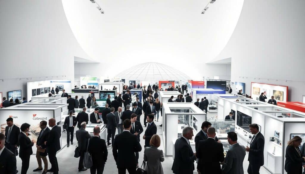 A bustling trade fair showcasing a diverse array of unique business opportunities. Set against a clean, minimalist backdrop, the scene captures the energy and excitement of discovering new ventures. In the foreground, well-dressed professionals mingle, discussing potential collaborations, their faces illuminated by strategic pops of color. The middle ground features sleek, modern exhibition booths, their designs hinting at innovative products and services. In the background, a sweeping architectural vista frames the event, creating a sense of grandeur and opportunity. The lighting is soft and directional, casting dramatic shadows and accentuating the clean, monochromatic aesthetic. This image evokes a sense of possibility, inviting the viewer to imagine the transformative potential of the Eisenwarenmesse 2026.