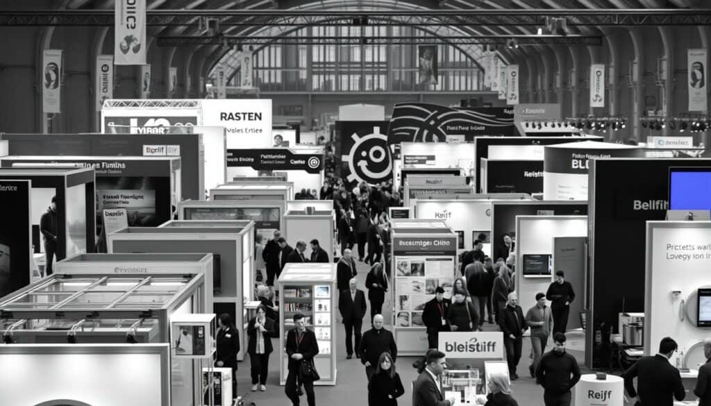 A bustling trade fair showcasing the latest advancements in environmental technology. In the foreground, a diverse array of exhibits and displays capture the attention of visitors, their vibrant colors and sleek designs popping against a black and white backdrop. In the middle ground, groups of people move between the stands, their expressions engaged as they explore the innovative solutions on offer. The background fades into a hazy silhouette of the exhibition hall, its architecture framing the scene with a sense of grandeur. Soft pops of color, perhaps from signage or product highlights, draw the eye and add depth to the monochromatic palette. The overall atmosphere is one of innovation, progress, and a shared commitment to a sustainable future.