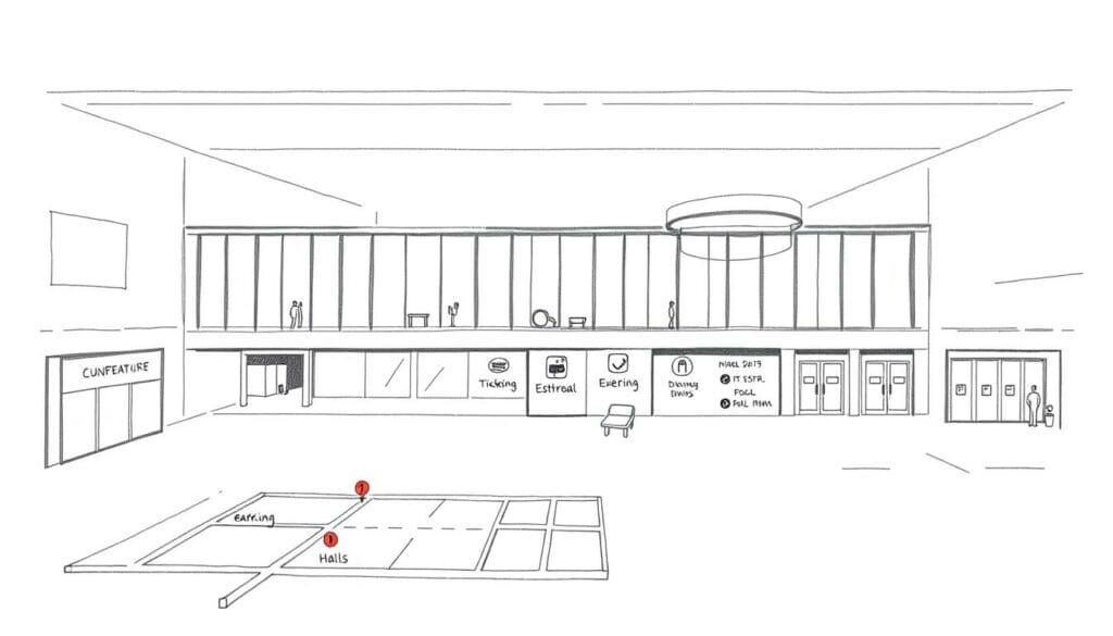 A clean, minimalist illustration of a convention center's practical information for visitors, rendered in black and white pencil with occasional pops of color. The foreground features a simple map highlighting key areas like entrance, ticketing, and exhibition halls. The middle ground showcases pictograms and icons denoting services like parking, dining, and restrooms. The background subtly suggests the architectural elements of the venue, with geometric shapes and clean lines. The overall mood is informative yet visually appealing, guiding the viewer through the space with clarity and efficiency.
