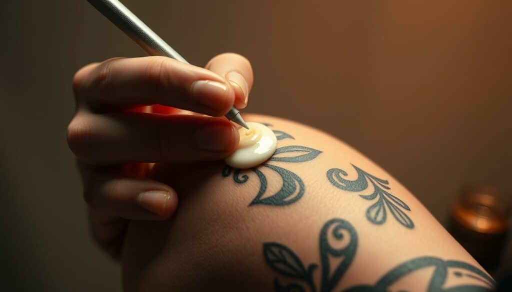 A close-up view of a delicate hand gently applying a soothing ointment to a freshly inked tattoo. The skin is supple and lightly flushed, with the intricate design visible through the sheen of the balm. Soft, diffused lighting casts a warm, comforting glow, creating an atmosphere of care and attentiveness. The background is a muted, monochromatic palette, allowing the vibrant colors of the tattoo and the skin's texture to take center stage. Subtle hints of color, perhaps in the form of a bandage or a jar of the healing product, provide just the right balance of visual interest. The overall impression is one of professionalism, expertise, and the importance of proper tattoo aftercare.