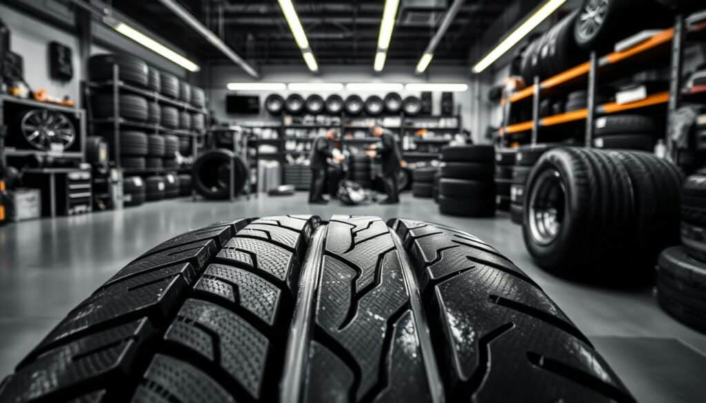 A comprehensive tire service center, with sleek black and white tones punctuated by vibrant pops of color. In the foreground, a closeup of a gleaming tire tread, the treads etched in fine detail. Behind it, a mid-shot of a team of skilled technicians carefully inspecting and servicing a set of tires, their movements precise and focused. In the background, the expansive workshop space, shelves stocked with an array of replacement tires, tools, and equipment, all rendered in a high-contrast, sketch-like aesthetic. The lighting is soft and diffused, casting gentle shadows that accentuate the shapes and textures of the scene. An atmosphere of professionalism and expertise pervades the image, capturing the essence of a comprehensive tire service establishment.