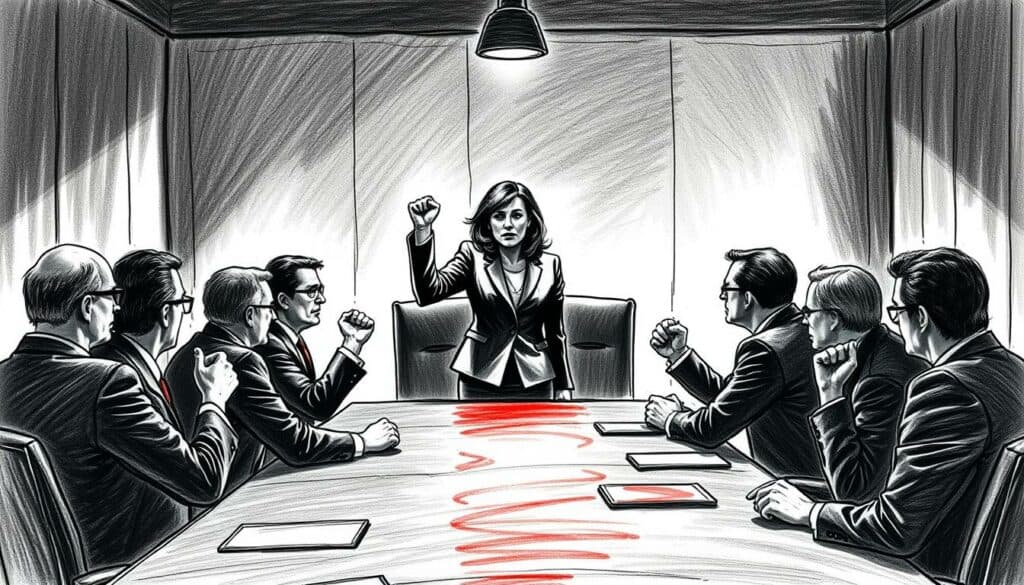 A corporate boardroom, dimly lit with a single spotlight casting long, dramatic shadows. Seated around the table, executives in suits exchange heated gestures, fists clenched in a tense standoff. In the center, a union leader stands, her face determined, hand raised in a stern warning. The atmosphere is charged with the threat of impending strikes, the air thick with unspoken ultimatums. Pencil sketches in black and white, with splashes of bold color highlighting the pivotal moment, the high-stakes confrontation between labor and management. A visual representation of "Streikdrohungen" - the looming prospect of mass strikes that could cripple the industry.