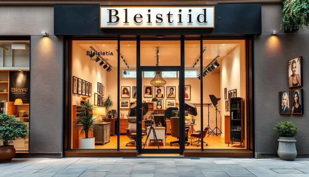 A cozy and welcoming Fotostudio, its facade adorned with warm lighting and elegant typography. The entrance invites visitors, leading them into a spacious interior filled with natural light from large windows. Tasteful decor and high-quality photographic equipment create a professional yet comfortable atmosphere. Portraits and headshots hang on the walls, showcasing the studio's exceptional work. Streamlined workstations are thoughtfully arranged, enabling efficient yet personal sessions. The overall aesthetic strikes a balance between modern minimalism and timeless charm, reflecting the expertise of the Fotostudio's talented photographers.