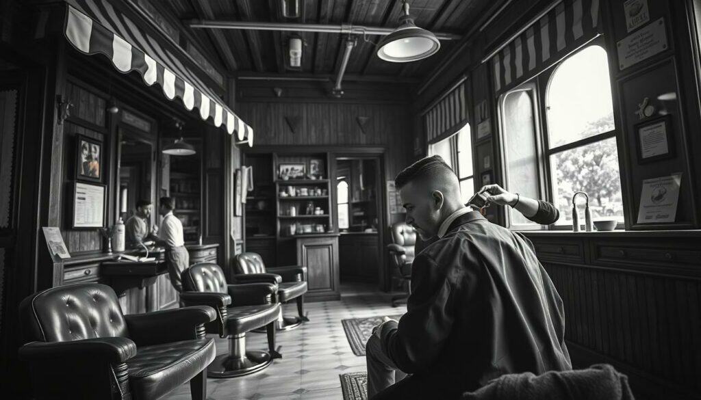 A cozy barbershop with a vintage charm, its weathered wooden facade and striped awnings inviting passersby. The interior exudes an old-world ambiance, with leather chairs, brass fixtures, and the soothing hum of electric clippers. In the foreground, a sharply dressed man sits patiently, awaiting his turn for a precision haircut. The barber, with skilled hands and a keen eye, meticulously trims and styles, creating a look that captures the essence of timeless elegance. Soft lighting filters through the windows, casting a warm glow and highlighting the intricate details that make this barbershop a true haven for the discerning gentleman. Rendered in a striking black and white palette, with subtle pops of color accentuating key elements, this image conveys the quintessential barbershop experience.