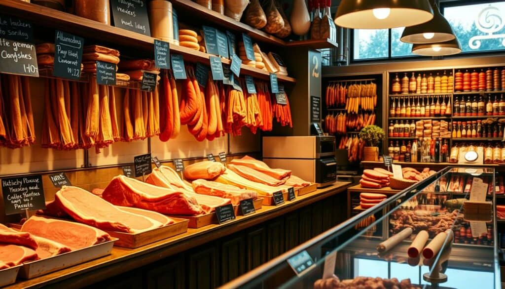 A cozy butcher's shop, its shelves brimming with fresh, locally sourced meats. The counter is adorned with handwritten chalkboard signs, hinting at the care and attention given to each cut. Soft, warm lighting casts a gentle glow, highlighting the rich textures of the products. In the background, a display of traditional German sausages and cured meats, their vibrant colors peeking through. The overall scene exudes a sense of quality, craftsmanship, and the comforting embrace of regional culinary traditions.