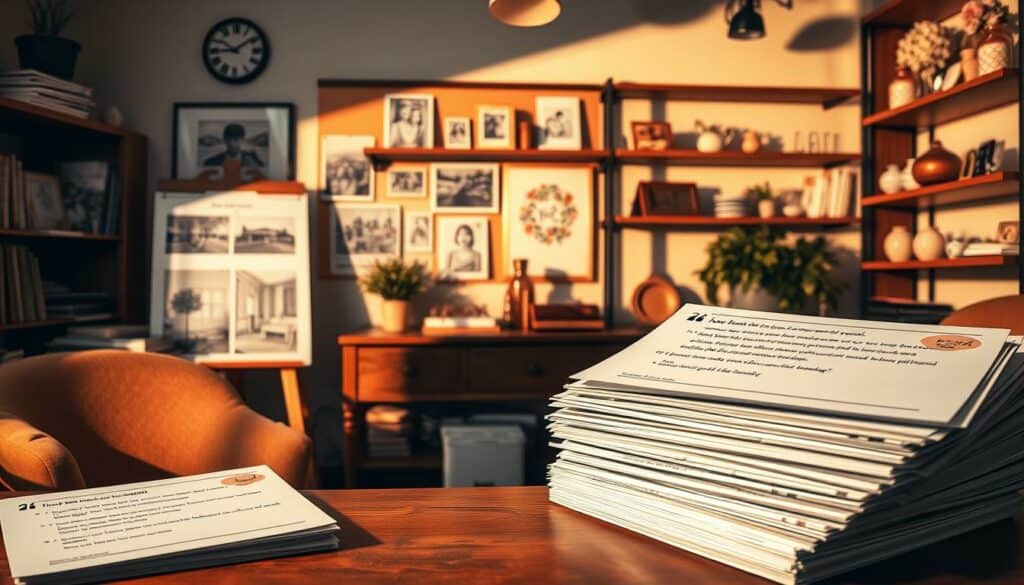 A cozy event planning office, with warm lighting and a vintage feel. In the foreground, a stack of customer testimonials in a monochrome palette, with a few vibrant accents of color to draw the eye. In the middle ground, a mood board featuring event photographs, sketches, and fabric swatches, all rendered in a crisp, illustrative style. The background showcases a wall of shelves filled with planners, vases, and other event decor, casting intriguing shadows across the scene. The overall atmosphere conveys a sense of professionalism, creativity, and a deep understanding of customer needs.