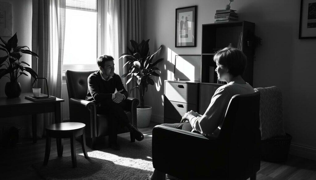 A cozy, intimate counseling session unfolds within a warm, softly-lit office. A leather armchair and a wooden desk set the stage, their muted tones punctuated by pops of color - a vibrant houseplant, a plush throw rug. The therapist, seated attentively, leans forward, conveying a sense of quiet empathy as they listen intently to their patient, who sits across from them, lost in thoughtful contemplation. Soft shadows play across the scene, creating a sense of depth and atmosphere. The image is rendered in a striking black-and-white palette, with subtle splashes of color drawing the eye to the key elements - a reflection of the introspective, transformative nature of the psychotherapeutic process.