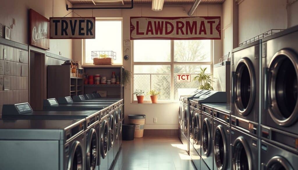 A cozy neighborhood laundromat, its weathered sign beckoning passers-by. Rows of industrial washers and dryers stand ready, their metallic hues contrasting against the muted tones of the interior. Soft natural light filters through large windows, casting a warm glow on the scene. The space is organized, with clean lines and a minimalist aesthetic. Subtle pops of color, perhaps in the form of a vibrant plant or a vintage sign, add character to the practical setting. The overall atmosphere is one of efficiency and convenience, inviting the viewer to imagine the effortless task of finding a nearby laundromat for their cleaning needs.