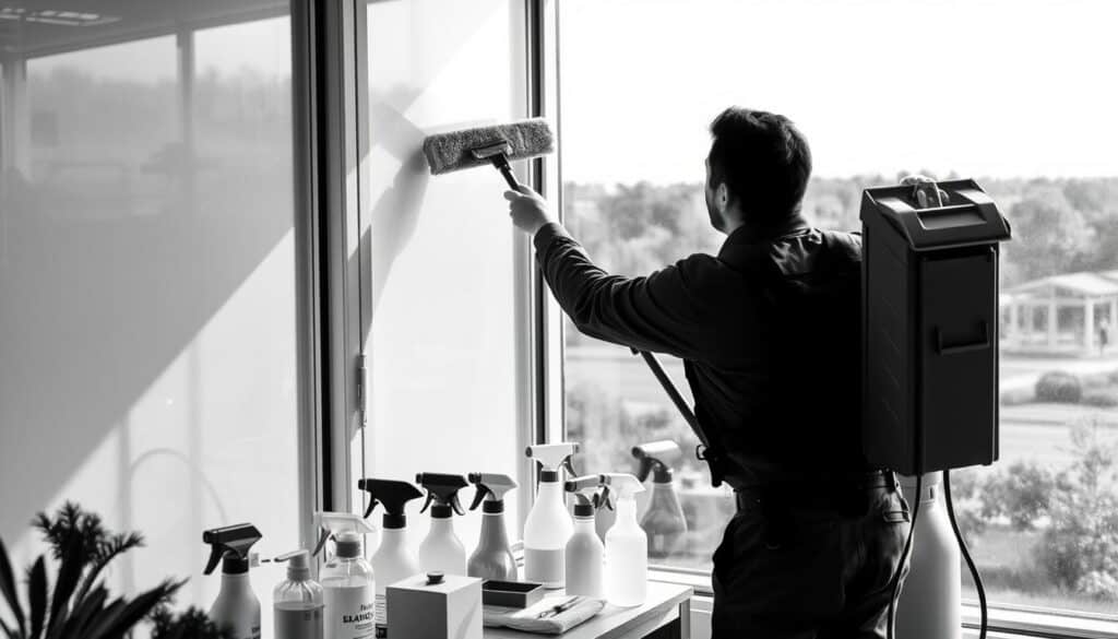 A crisp and meticulously detailed window cleaning service scene in a muted black and white palette with subtle pops of color. In the foreground, a professional cleaner methodically wipes down a large window, capturing the process with precision. The middle ground reveals an array of cleaning tools and solutions, each element precisely organized. In the background, the exterior landscape comes into focus, hinting at the comprehensive scope of the service. Soft, even lighting illuminates the scene, creating a sense of serene productivity. The composition emphasizes the expertise and attention to detail that define these comprehensive window cleaning services.