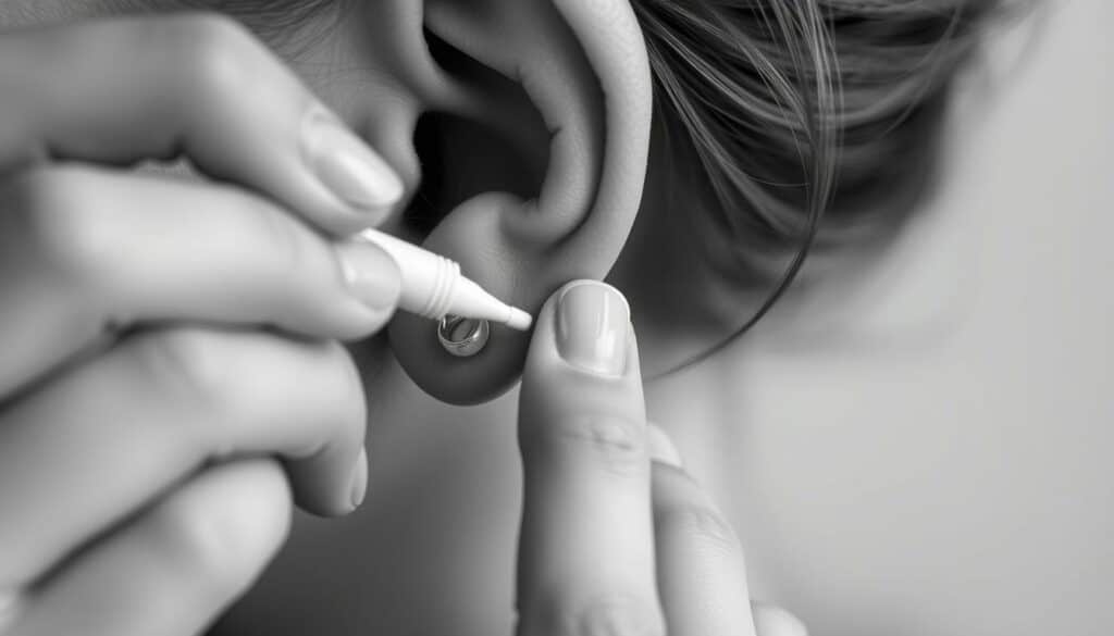 A delicate hand gently applying soothing ointment to a freshly pierced ear, the skin shimmering with a subtle sheen. Soft, diffused lighting illuminates the scene, casting a calming atmosphere. Crisp, monochromatic tones with pops of vibrant color accentuate the piercing's intricate design. The composition emphasizes the care and attention required for proper aftercare, capturing the essence of "Piercing Nachsorge Pflege" in a serene, photographic style.