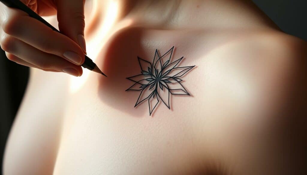 A delicate, transparent tattoo design adorns a human canvas, its intricate lines and subtle shading capturing the essence of minimalism. The tattoo artist's skilled hand guides the needle, creating a mesmerizing pattern that appears to float upon the skin, its ephemeral nature hinting at the transient nature of life. Soft lighting casts gentle shadows, accentuating the tattoo's luminous quality, while a muted palette of black, white, and strategic pops of color evoke a sense of refined elegance. The overall composition conveys a harmonious balance between the permanence of the tattoo and the impermanence of the human form, inviting the viewer to ponder the nature of self-expression and the impermanence of existence.