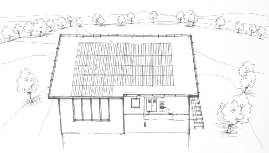 A detailed architectural plan of a residential solar photovoltaic system, sketched in black and white with occasional color accents. The foreground depicts the house's rooftop, with carefully laid out solar panels arranged in a symmetrical grid. The middle ground shows the electrical system components, including inverters and connection points, while the background features a simplified landscape with trees and other environmental elements. The overall composition conveys a sense of careful planning, technical precision, and environmental consciousness.
