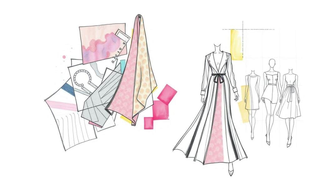 A detailed fashion illustration showcasing the latest textile trends and design inspirations for the fashion industry. The foreground features a collection of vibrant fabric swatches, textile patterns, and color palettes in a minimalist, hand-drawn style using predominantly black and white pencil strokes with occasional pops of color. The middle ground depicts sketches of stylized fashion silhouettes and garment details, hinting at the creative design process. The background provides a soft, airy environment with faint gridlines or geometric shapes to convey a sense of structure and organization. The overall mood is one of artistic exploration, innovation, and a touch of avant-garde sensibility, reflecting the theme of "Trends and Inspiration for the Fashion Industry".