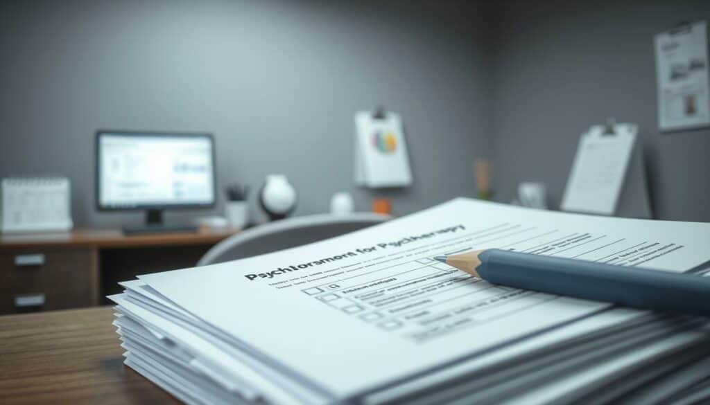 A detailed medical document showcasing the reimbursement process for psychotherapy, presented in a clean, minimalist aesthetic. The foreground depicts a stack of forms and paperwork, with a focused perspective highlighting the key elements - logos, checkboxes, signatures. The middle ground features a desk or workspace, with a computer monitor displaying relevant information. The background is a muted, grey-scale office setting, punctuated by subtle pops of color in the form of office supplies, a calendar, or other subtle accents. Lighting is soft and diffused, creating an atmosphere of professionalism and attention to detail. The overall mood is one of efficiency, organization, and the process of navigating the healthcare system.