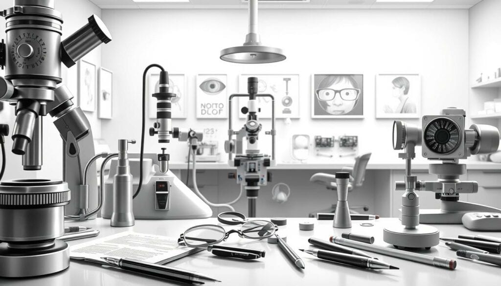 A detailed, photorealistic illustration of an ophthalmologist's spectrum of services, rendered in a monochromatic palette with selective color accents. The foreground depicts various medical instruments and tools - an ophthalmoscope, tonometer, slit lamp, and refraction equipment. The middle ground showcases the diverse eye examinations and treatments provided, such as visual acuity testing, glaucoma assessment, and cataract surgery. The background features a clean, clinical environment with minimalist decor to convey a sense of professionalism and expertise. The overall mood is one of precision, care, and comprehensive eye healthcare.
