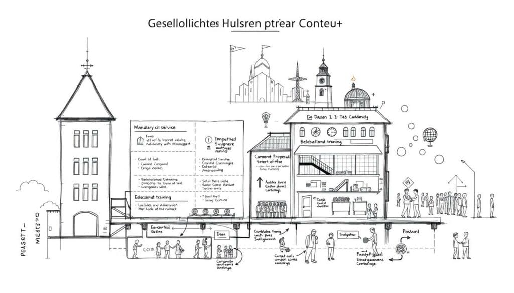 A detailed schematic illustration of the "Gesellschaftliches Pflichtjahr Konzept" proposal, depicted in a technical, architectural drawing style. The foreground showcases the core elements of the program - mandatory civic service, educational training, and community engagement activities. The middle ground features organizational structures, administrative processes, and logistical considerations. The background setting depicts the societal context, with subtle symbolic cues alluding to the interconnectedness of this initiative. The overall aesthetic is a muted, monochromatic palette with selective pops of color to highlight key components, rendered in a precise, engineering-inspired manner that conveys the seriousness and significance of the proposed concept.