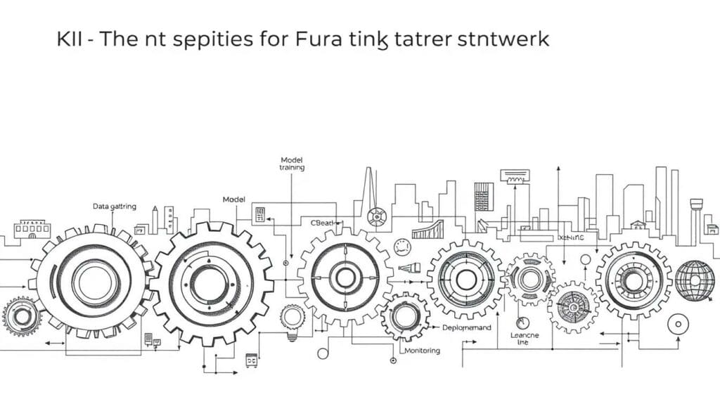 A detailed technical diagram showcasing the first steps of KI implementation for businesses. The foreground features a series of interconnected gears and cogs, each representing a crucial component of the process - data gathering, model training, deployment, and monitoring. The middle ground depicts various data sources and workflow stages, visualized through geometric shapes and lines. In the background, a faintly sketched cityscape suggests the broader corporate environment. The overall aesthetic is a muted, monochromatic palette with selective pops of color to highlight key elements, conveying a sense of precision, structure, and pragmatic progress. Lighting is soft and diffused, creating depth and emphasizing the technical nature of the subject matter. A detailed technical diagram showcasing the first steps of KI implementation for businesses. The foreground features a series of interconnected gears and cogs, each representing a crucial component of the process - data gathering, model training, deployment, and monitoring. The middle ground depicts various data sources and workflow stages, visualized through geometric shapes and lines. In the background, a faintly sketched cityscape suggests the broader corporate environment. The overall aesthetic is a muted, monochromatic palette with selective pops of color to highlight key elements, conveying a sense of precision, structure, and pragmatic progress. Lighting is soft and diffused, creating depth and emphasizing the technical nature of the subject matter.