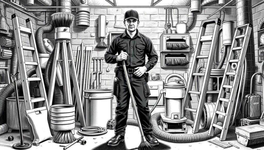 A detailed, technical illustration of a modern chimney sweep service. A central figure in a crisp black uniform, wielding specialized tools, stands amidst a well-organized workspace. Surrounding them, an array of equipment and materials - ladders, brushes, vacuum systems - all rendered in high contrast monochrome with subtle pops of color highlighting key elements. The composition conveys a sense of professionalism, efficiency, and attention to safety, reflecting the expertise and diligence required for comprehensive chimney maintenance and inspection. Dramatic lighting casts dramatic shadows, emphasizing the skilled, hands-on nature of the work. An artful balance of realism and visual interest, crafted to showcase the comprehensive services of a contemporary chimney sweep.