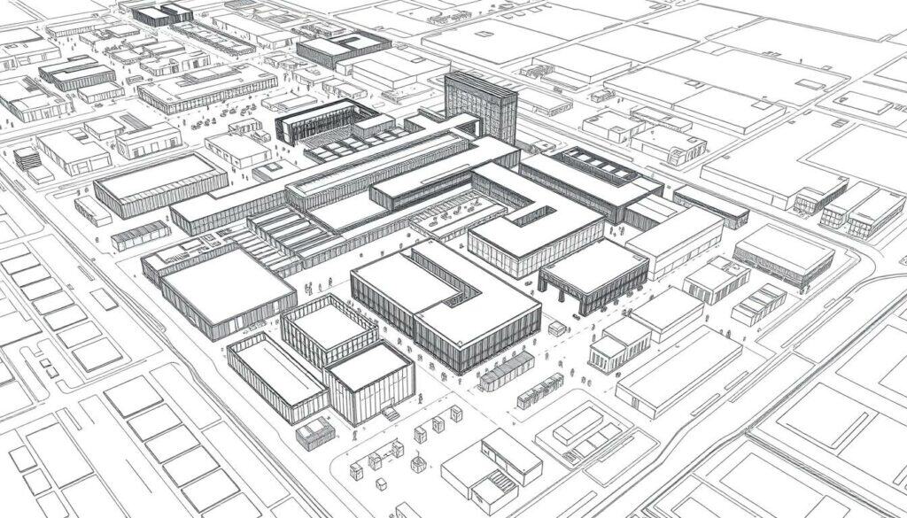 A detailed, technical illustration of the Messe Frankfurt exhibition grounds, rendered in precise black-and-white linework with strategic pops of color. The layout is presented from an aerial perspective, showcasing the complex network of halls, pathways, and outdoor exhibition spaces. Architectural elements, such as the distinct rooflines and distinct entrances, are depicted with sharp clarity. Subtle shading and gradients convey depth and dimension, while carefully placed splashes of color highlight key areas of interest. The overall aesthetic evokes the professional, organized atmosphere of this renowned trade fair venue, providing visitors with a clear, informative overview of the premises.
