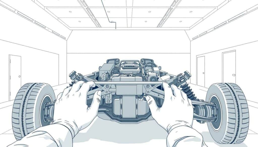 A detailed, technical inspection of a vehicle, captured in a sleek, minimalist illustration. In the foreground, an engineer's hands meticulously examine the chassis, wheels, and undercarriage, their focused gaze conveyed through precise line work. The middle ground showcases various automotive components, each rendered with careful attention to detail in a muted, technical palette. In the background, a clean, architectural setting provides a clinical, professional atmosphere, punctuated by strategic pops of color that draw the eye to key areas under scrutiny. Soft, directional lighting casts subtle shadows, emphasizing the three-dimensional form of the vehicle and the engineer's analytical process. The overall composition strikes a balance between functional realism and artistic interpretation, creating a visually striking representation of a comprehensive vehicle assessment.