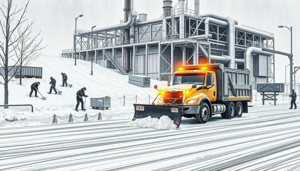 A detailed winter scene depicting the various areas of snow and ice removal operations. In the foreground, a plow truck clears a snowy road, its bright yellow lights cutting through the muted tones. In the middle ground, workers shovel walkways and spread salt, their movements captured in dynamic poses. In the background, an industrial facility stands, its steel frame and pipes rendered in shades of graphite. The overall mood is one of efficiency and hard work, with strategic pops of color, such as the vehicle's flashing lights, adding visual interest. The scene is captured in a high-contrast, sketched style, emphasizing the technical, mechanical nature of the winter service tasks.