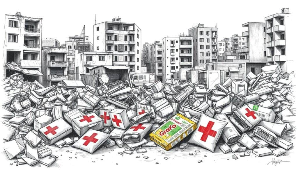 A dilapidated Gaza cityscape, ravaged by conflict, with buildings in crumbling disrepair. In the foreground, piles of humanitarian aid supplies - food, clothing, medical equipment - lay scattered, partially obscured by rubble. Muted greys and blacks dominate the scene, punctuated by the occasional splash of color - a red cross insignia, the vibrant label of a food package. The atmosphere is one of desperation and neglect, a stark contrast to the idealized portrayals often seen. The scene is rendered in a sketchy, pencil-like style, emphasizing the gritty reality of the situation.