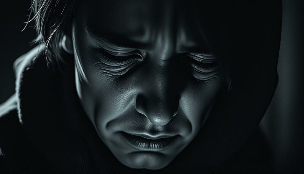 A dimly lit, atmospheric scene of a person's face, subtly rendered in black and white with strategic pops of color. The subject's expression is pained, with creases of worry and exhaustion etched across their features. Soft, diffused lighting casts dramatic shadows, conveying a sense of emotional turmoil and personal struggle. The background is blurred, hinting at a broader context of turbulence and uncertainty. The overall mood is somber, reflective, and poignant, capturing the essence of "Gesundheitliche Rückschläge und persönliche Krisen".