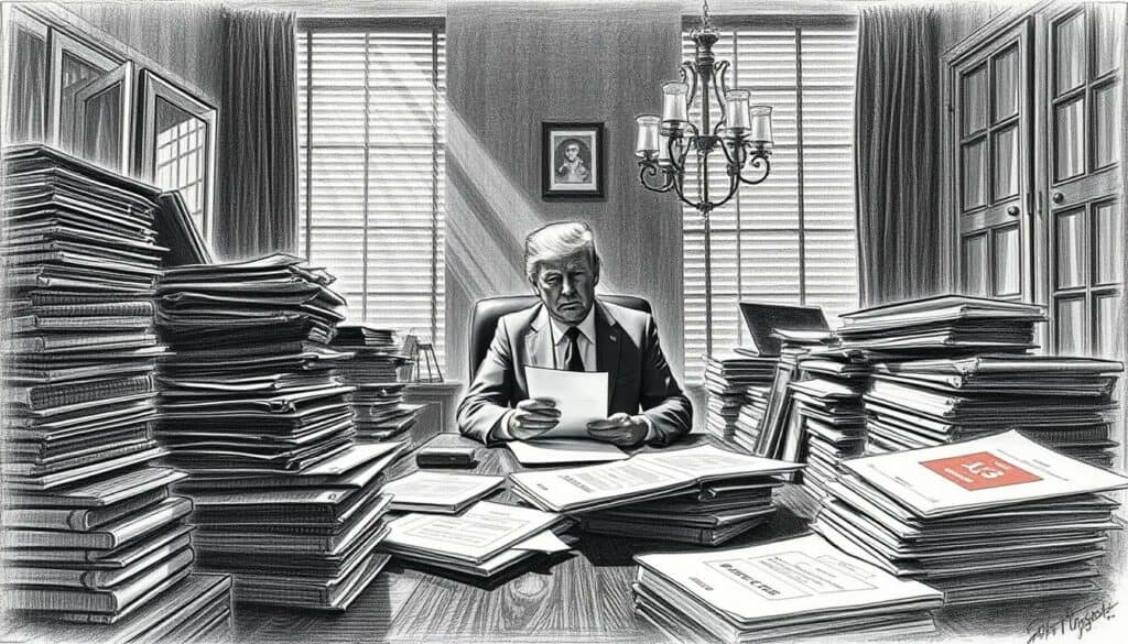 A dimly lit office space, the air thick with tension. Stacks of classified files and redacted documents clutter the desk, casting ominous shadows. In the center, a lone figure pores over the sensitive information, their expression one of deep concentration. Shafts of pale light filter through the blinds, illuminating the scene with a sense of urgency. The atmosphere is somber, the weight of the investigation palpable. Pencil strokes capture the stark monochrome palette, with subtle bursts of color highlighting the gravity of the situation. This is a high-stakes inquiry into sensitive data, fraught with the implications of the Ex-Trump-Advisor's alleged wrongdoings.