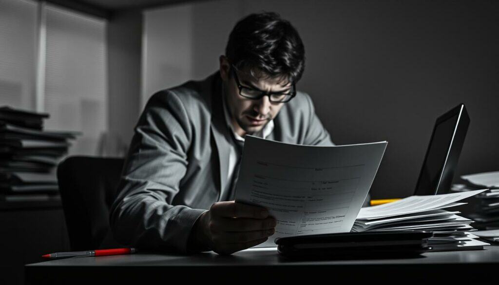 A dimly lit office space, the desk cluttered with stacks of papers and a laptop. In the foreground, a businessperson sits hunched, their expression pensive as they consider a medical certificate. The background is hazy, suggesting a sense of unease and tension. Subtle pops of color, such as a red pen or a yellow highlighter, draw the eye to the central figure, reflecting the complexities of the "Arbeitgeber Kritik Krankschreibung" situation. The scene is rendered in a moody, black and white palette with just a touch of color to heighten the visual impact, evoking a sense of the ongoing debate between employers and employees regarding sick leave policies.