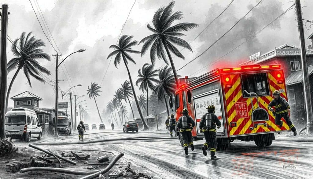 A dramatic firefighter response during a raging storm, with strong winds and rain battering the scene. In the foreground, firefighters in protective gear rush to their truck, the vehicle's flashing lights casting an intense glow. In the middle ground, damaged buildings and debris litter the wind-swept street, while towering trees sway violently. The background is obscured by a moody, grey sky, with only hints of color piercing through the turbulent weather. The image conveys a sense of urgency, danger, and the immense power of the storm, rendered in a high-contrast, pencil-sketched style with selective pops of color.