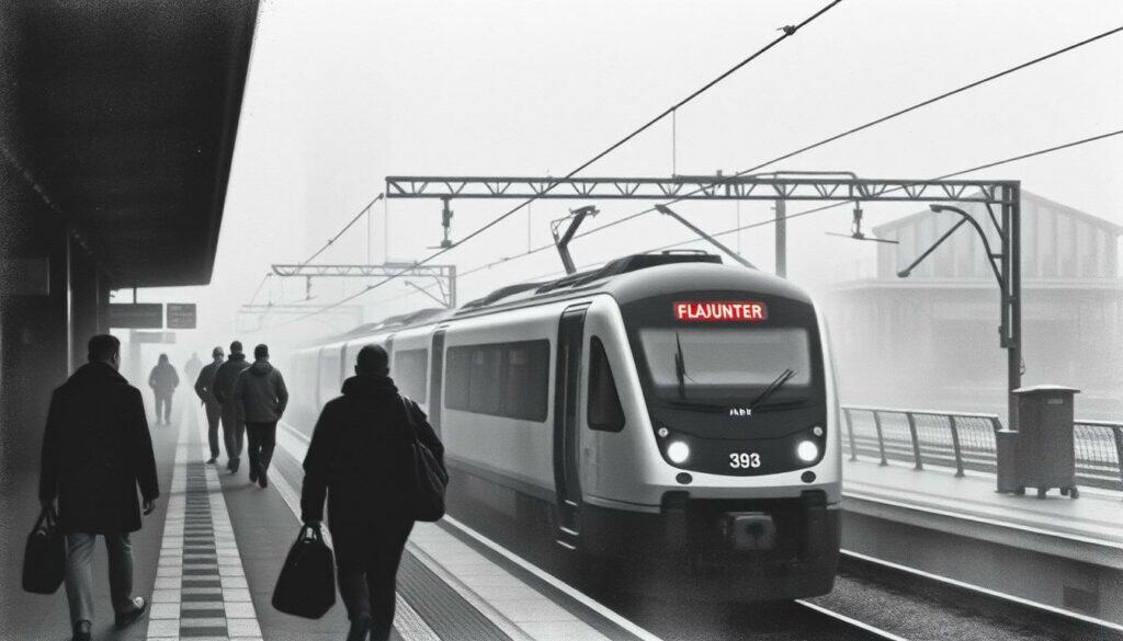 A dreary, overcast day with a train station platform in the foreground, shrouded in a haze of muted grays and blacks. Commuters hurry along the platform, their figures rendered in stark chiaroscuro. In the middle ground, a train carriage sits motionless, its sleek lines and metallic surfaces accented with splashes of vibrant color - perhaps a warning light or a signal. The background is a blur of bleak, industrial architecture, suggesting the broader cityscape affected by the storm. The scene conveys a sense of disruption and inconvenience, with the muted palette and dramatic lighting evoking the somber mood of the "Beeinträchtigungen im Bahnverkehr" subject.