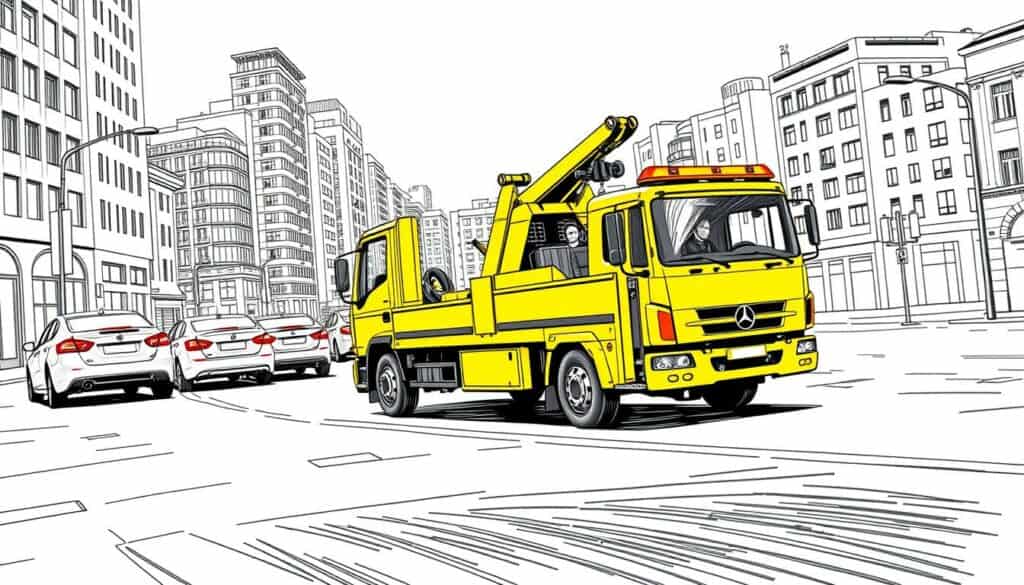 A dynamic tow truck swiftly navigating through an urban landscape, its vibrant yellow hue standing out against the monochromatic backdrop. The driver, focused and efficient, guides the vehicle with precision, ready to provide immediate assistance to stranded motorists. In the foreground, the tow hook extends, prepared to effortlessly lift and transport the disabled vehicle. The middle ground features the bustling city streets, with buildings and infrastructure rendered in a detailed, linear style using shades of gray. Punctuated by occasional pops of color, such as the red taillights of passing cars, the scene conveys a sense of urgency and professionalism, reflecting the "fast and uncomplicated" nature of the towing service.