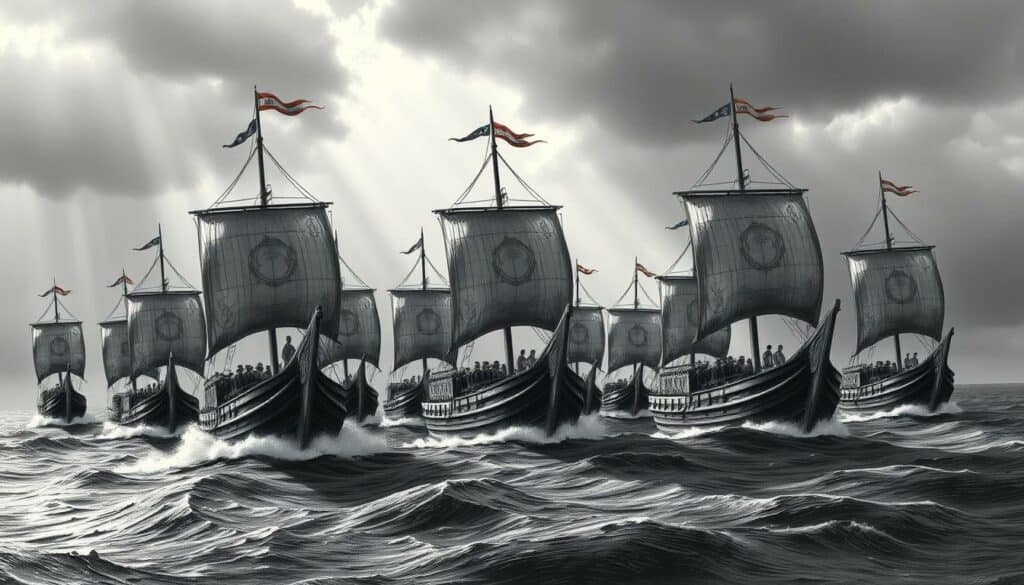 A fleet of wooden sailing ships, their sails unfurled, cutting through the waves of a vast, stormy sea. The vessels are adorned with intricate designs and symbols, hinting at their purpose - a global, peaceful protest against injustice. The sky is heavy with clouds, but shafts of light pierce through, casting dramatic shadows on the ships' hulls. The scene exudes a sense of determination and resolve, as if the flotilla is embarking on a crucial mission. Rendered in a stark, black-and-white palette with subtle pops of color, the image conveys the gravitas and urgency of the "Global Sumud Flotilla" and its cause.